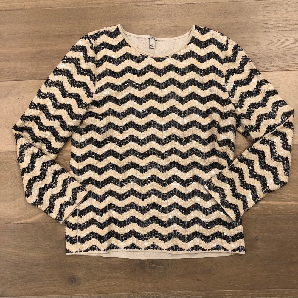 J. Crew black and cream herringbone sequin top